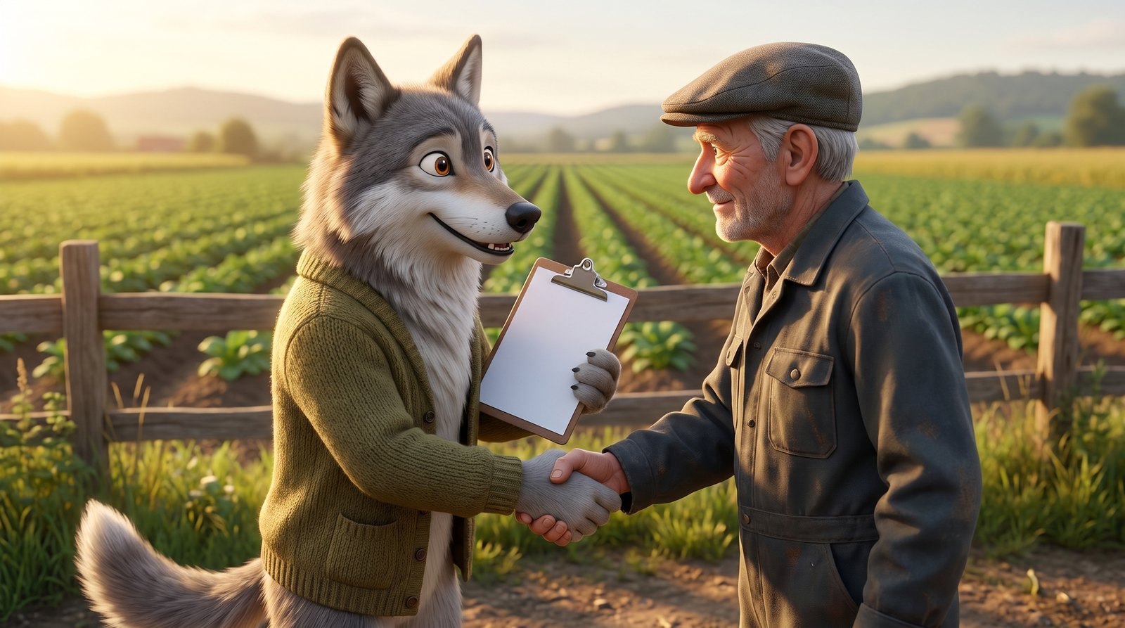 Werner der Wolf besiegelt mit einem Landwirt per Handschlag die Sammelerlaubnis