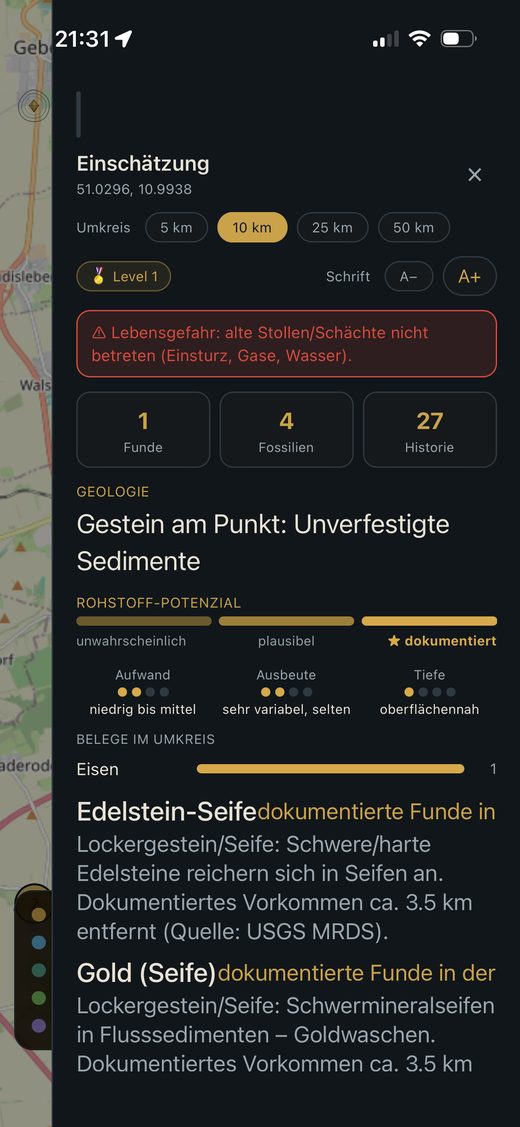 Steckbrief eines Ortes mit Warnung und dokumentierten Funden