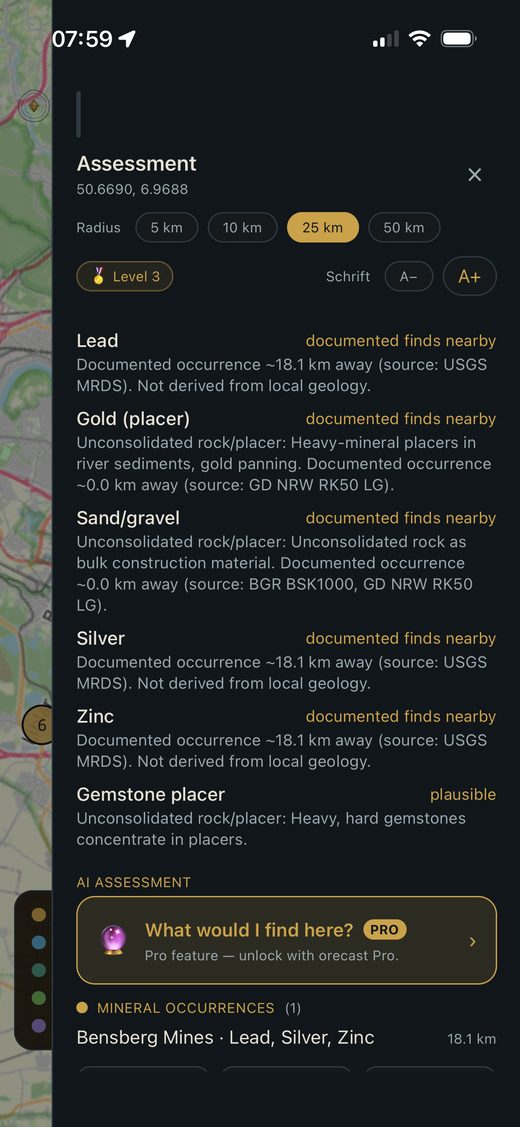 Assessment of a place with warnings and documented finds