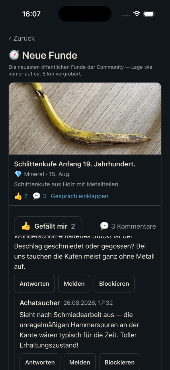 A find talk thread in the app: comments, replies and the like button under a community find.