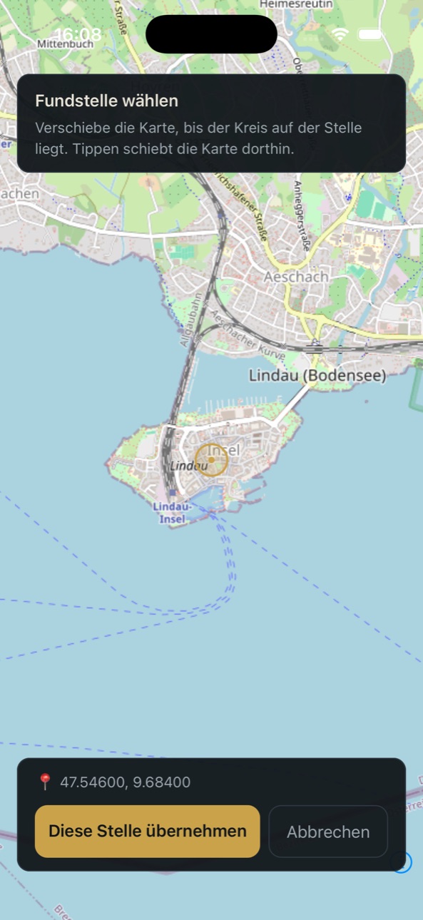 Reporting a find in the orecast app: the find position is picked by tapping the map.