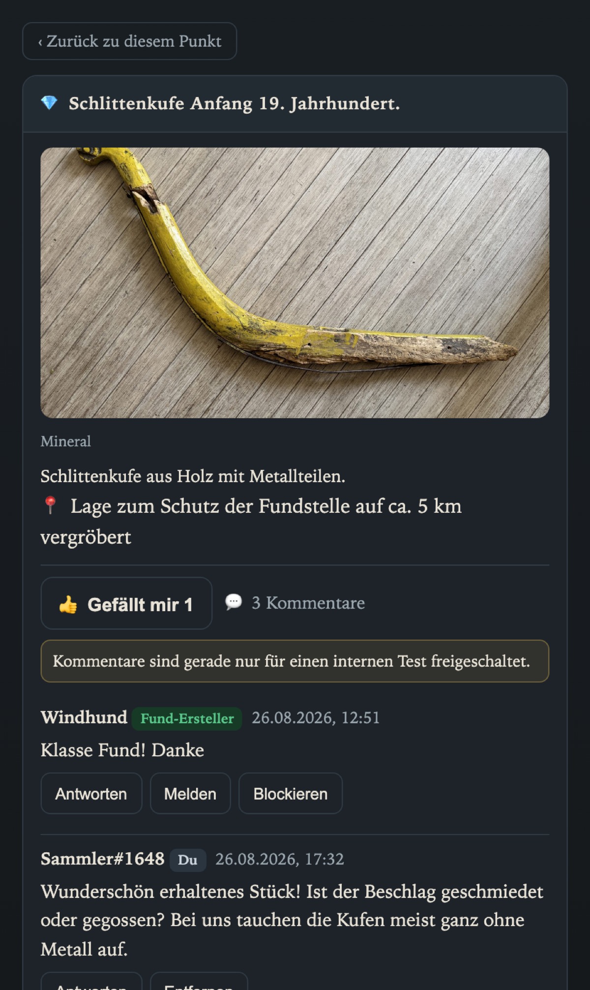 The thread: creator badge, replies, reporting and blocking right on the comment.