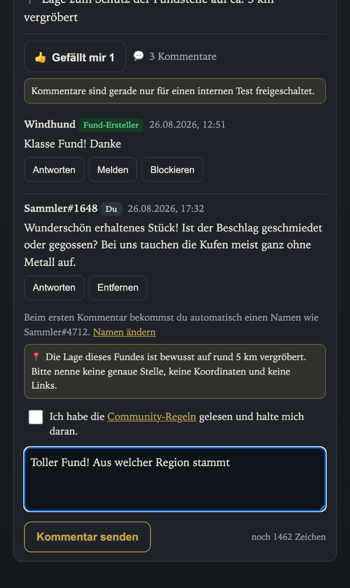 Writing a comment: the 5-km notice and the community rules before your first comment goes out.