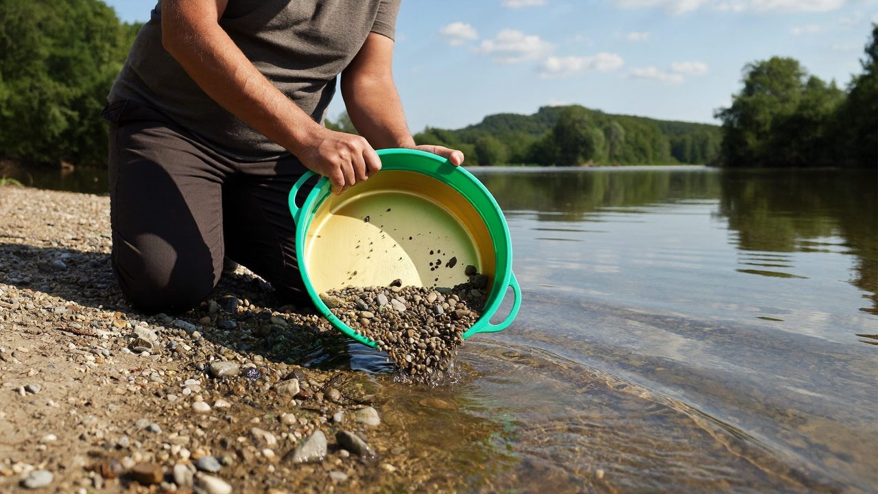 A gold panner swirling a green pan on a gravel bank of the Rhine