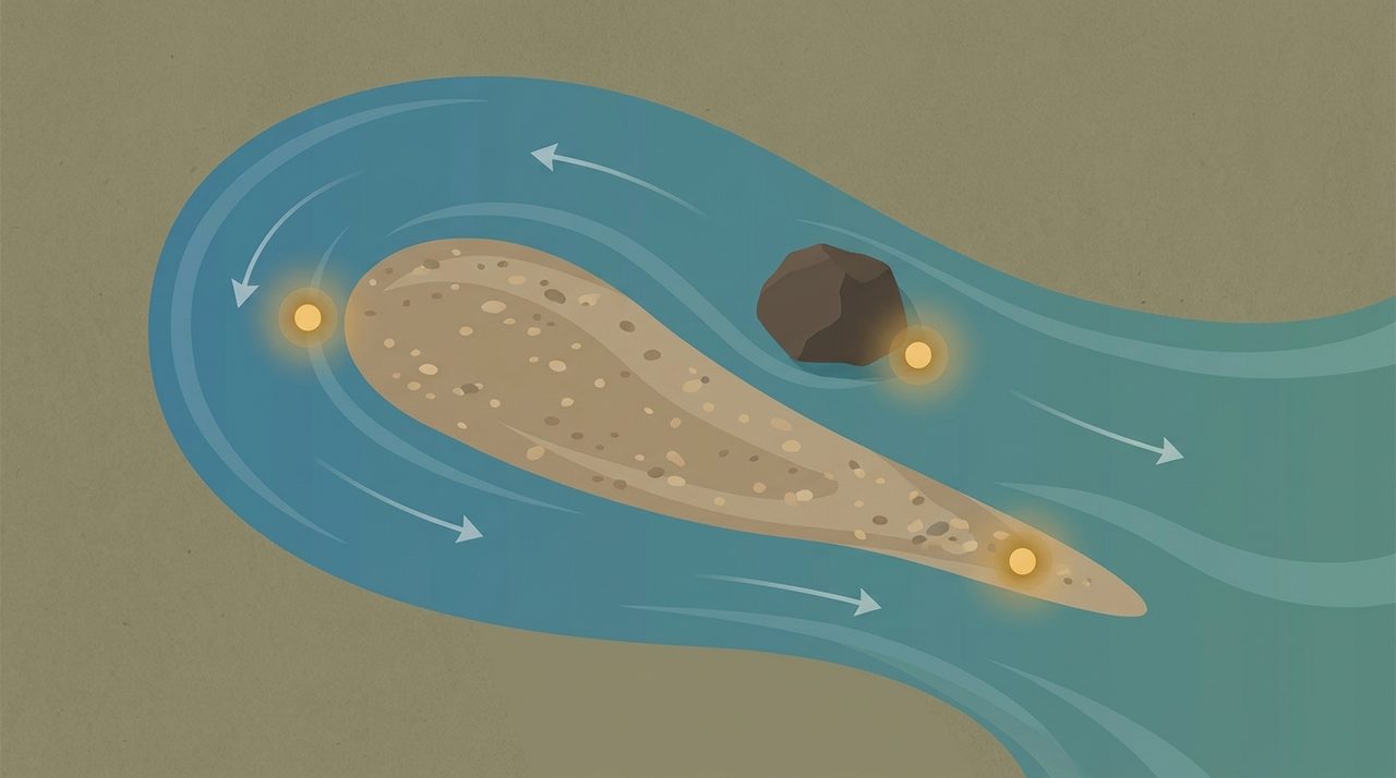 Diagram of a river bend showing where gold collects