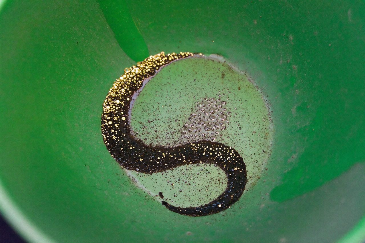 Dark black sand with a few golden flakes in the pan