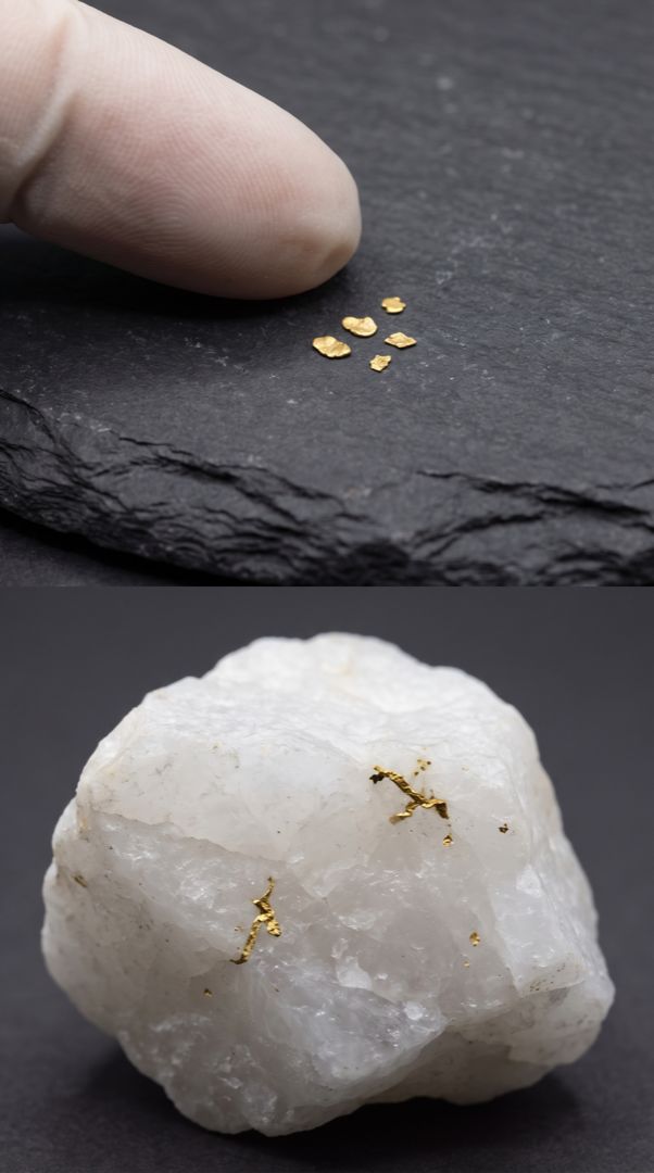 Vergleich: oben winzige runde Goldflitter neben einer Fingerkuppe, unten weißer Quarz mit zwei kleinen zackigen Goldfäden.