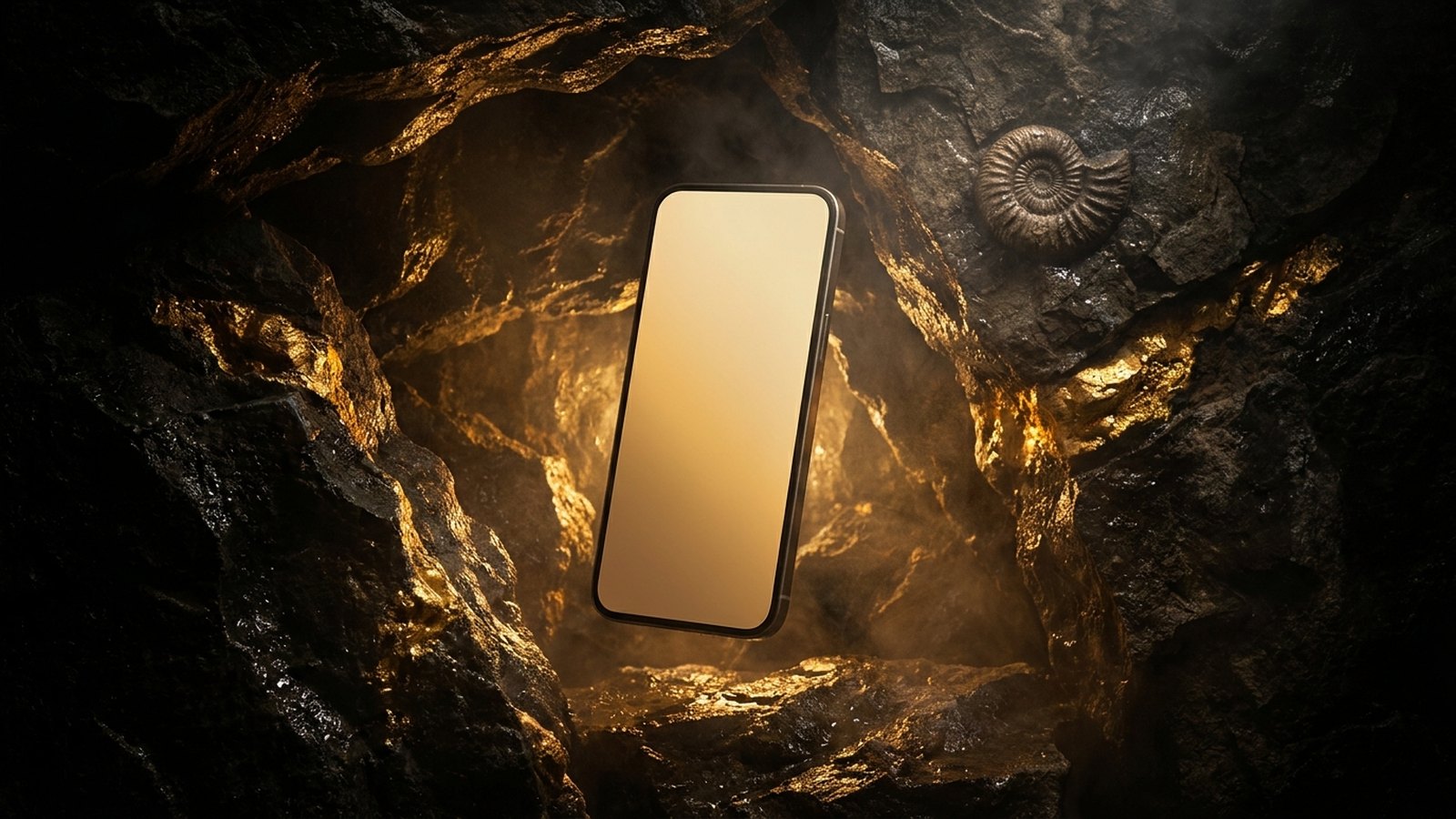 Dark rock with glowing veins of gold and a smartphone standing upright in front of it
