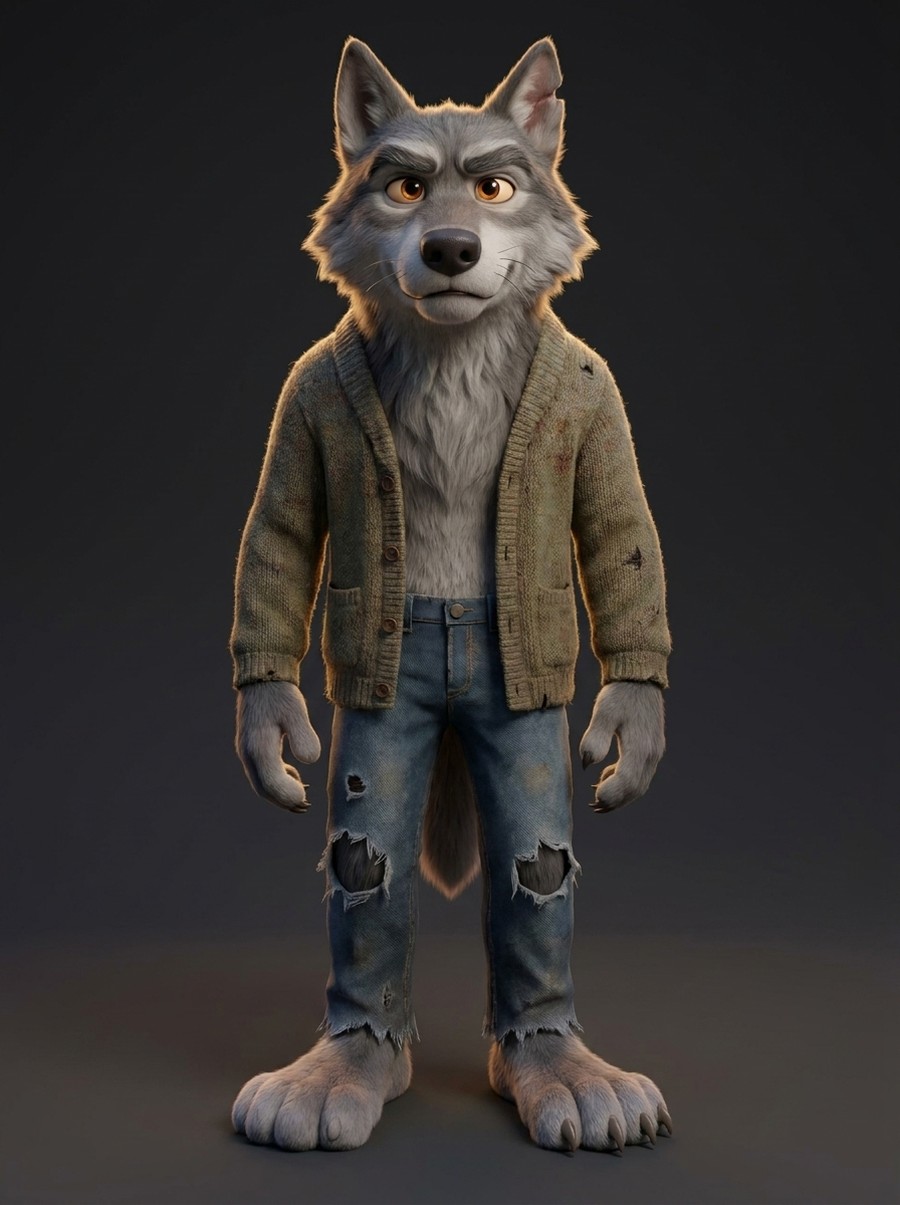 Werner full length: cardigan, torn jeans, large wolf paws, barefoot