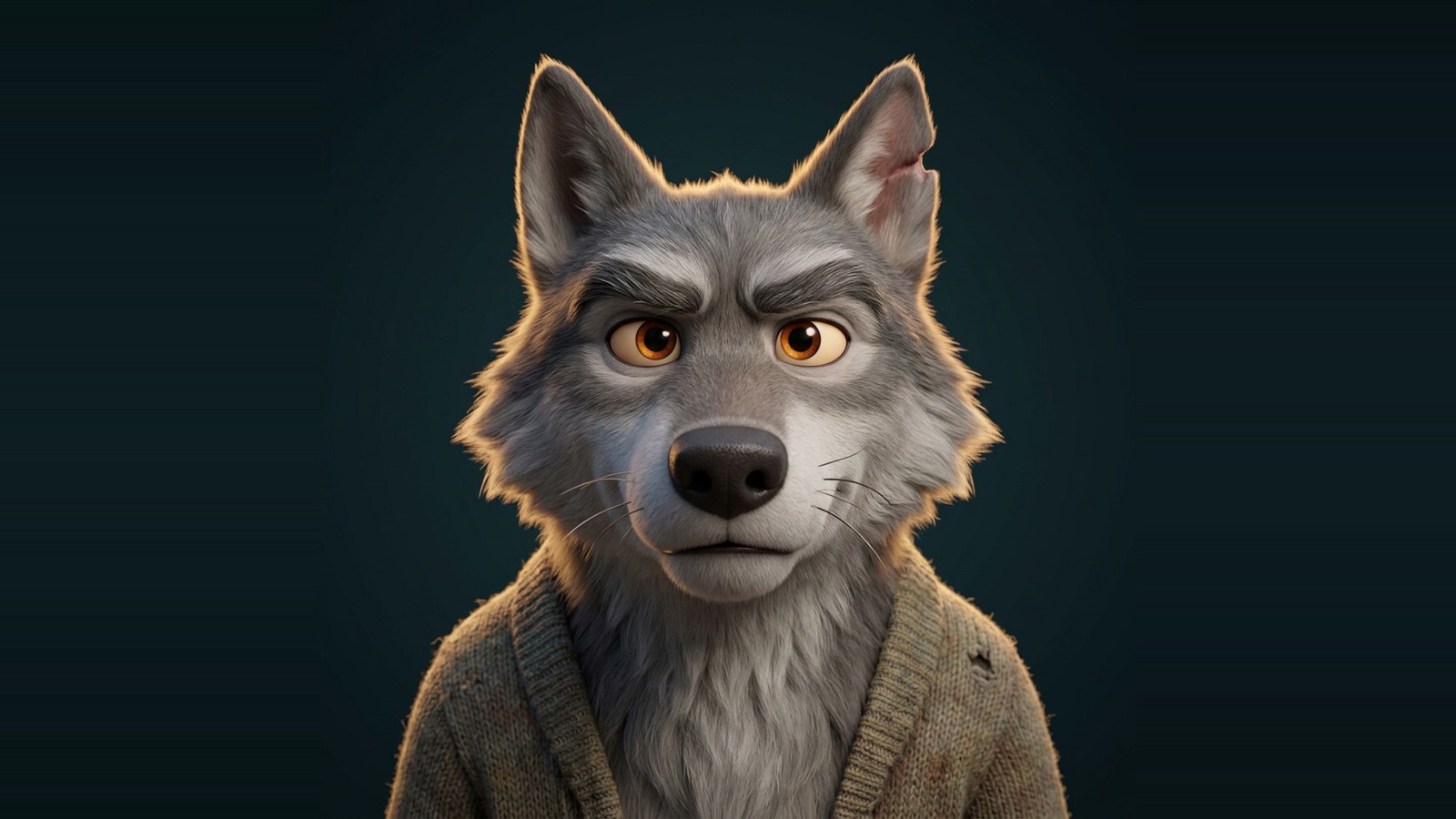 Werner, an old grey wolf with warm amber eyes, heavy brows and a worn olive cardigan
