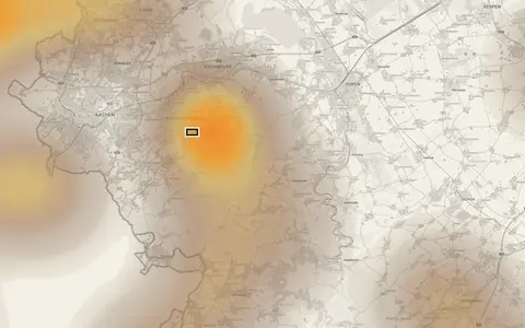 Carte de densité des traces minières entre Aix-la-Chapelle et Düren ; la densité est maximale autour de Stolberg, où se trouve l'extrait